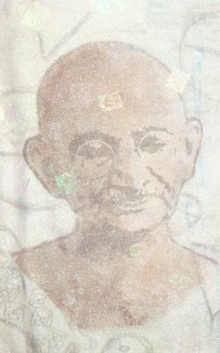 Mahatma Gandhi drawn onto fabric by Claire Passmore